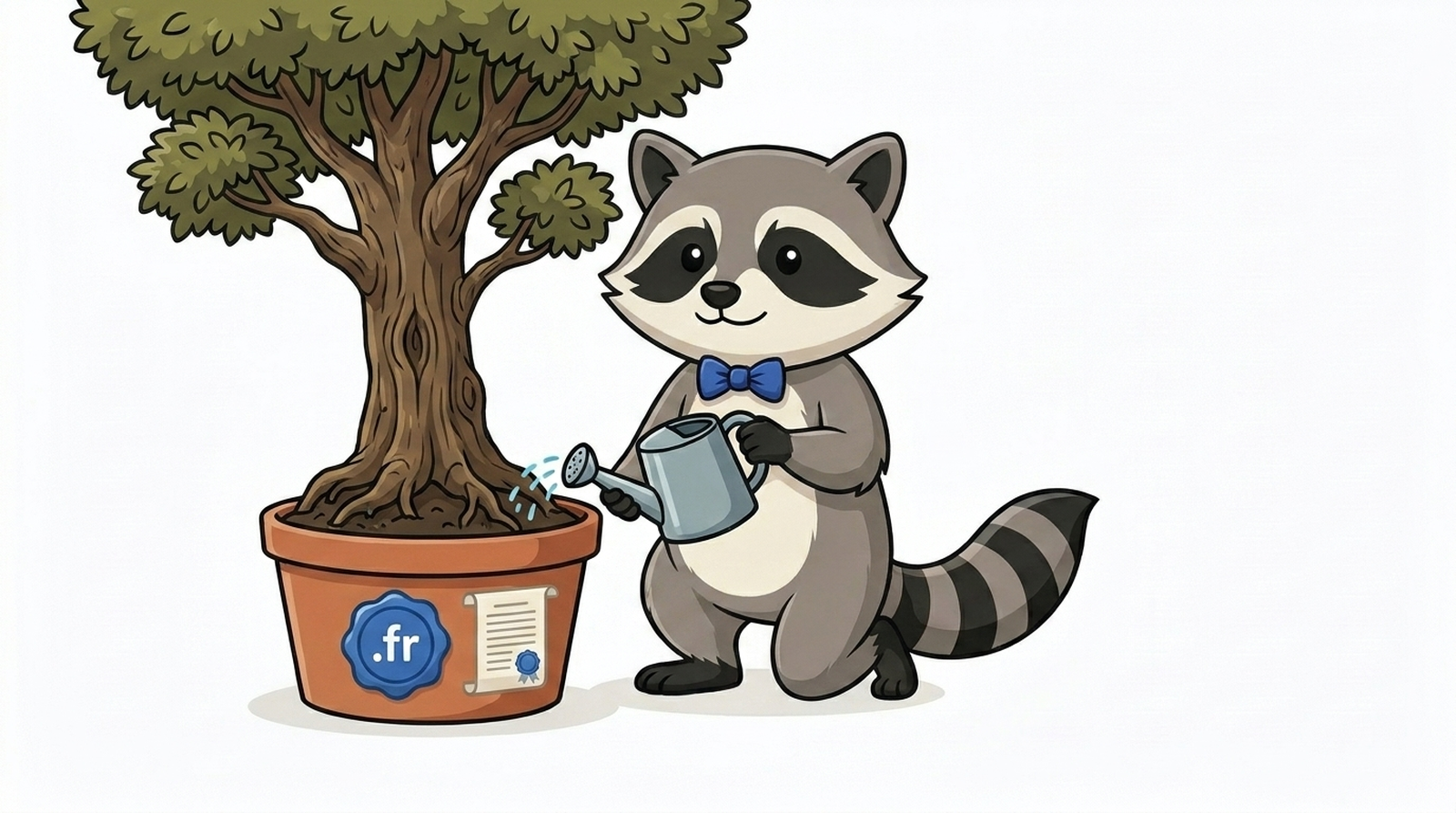 Milo, mascot of Milodomain.com, stores a .fr domain name in a durable safe stamped 10 years.