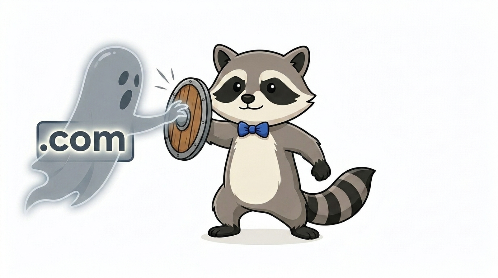 Milo, Maskottchen von Milodomain.com, schwingt ein juristisches Schild gegen gefälschte Domainnamen.