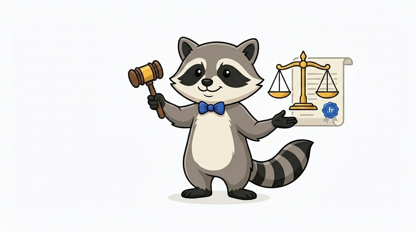 Milo, la mascotte de Milodomain.com, tient un marteau de juge devant une balance de la justice et un parchemin marqué d un sceau .fr, illustrant la procédure SYRELI.