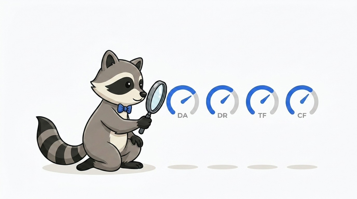 Milo, la mascotte de Milodomain.com, examine a la loupe quatre jauges illustrant les metriques SEO DA, DR, TF et CF.