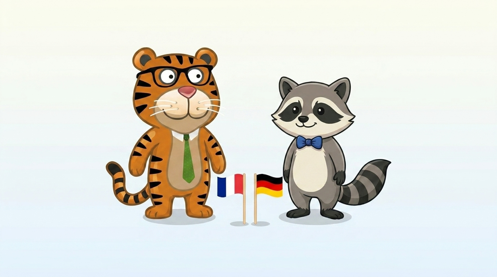 Milo, das Maskottchen von Milodomain.com, steht neben dem Nicsell-Maskottchen mit kleinen französischen und deutschen Fahnen dazwischen, illustriert den Vergleich der beiden .fr-Drop-Catching-Plattformen.