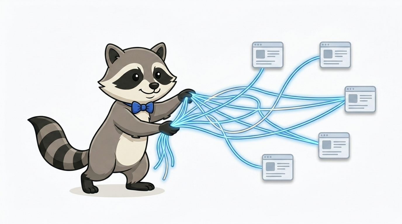Milo, la mascotte de Milodomain.com, tient un faisceau de fils lumineux bleus relies a plusieurs sites web, symbolisant un reseau de backlinks.