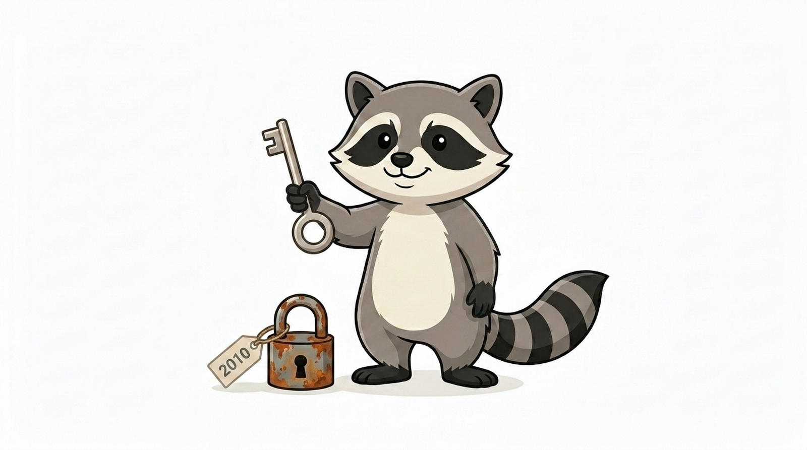 Milo, mascotte di Milodomain.com, tiene una chiave moderna con una vecchia serratura arrugginita etichettata 2010 ai suoi piedi, simboleggia la transizione tra un vecchio sistema e uno nuovo.