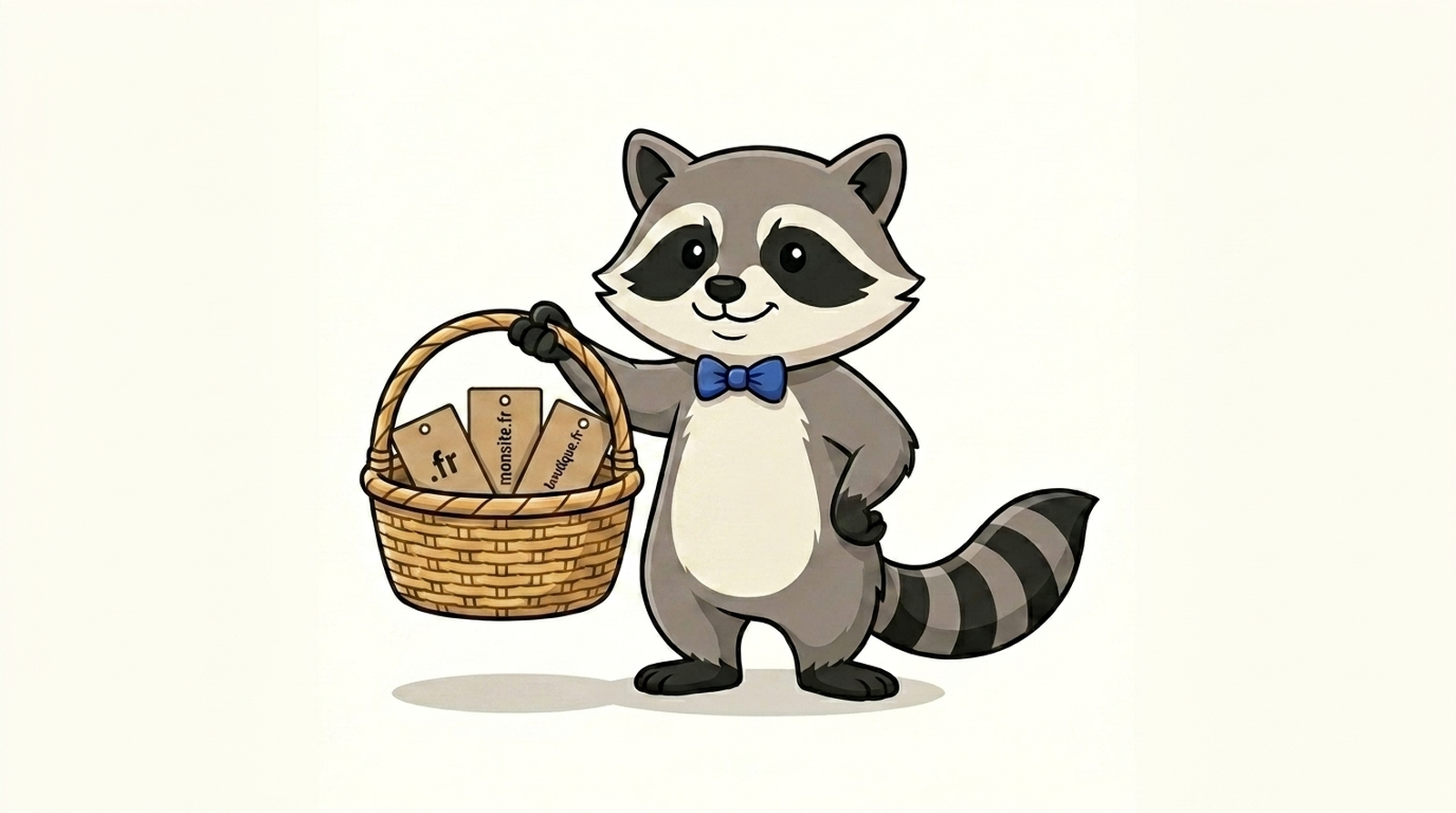Milo, mascotte di Milodomain.com, tiene un cestino di vimini con tre carte-dominio che rappresentano .fr disponibili, illustra l'acquisto di domini scaduti.