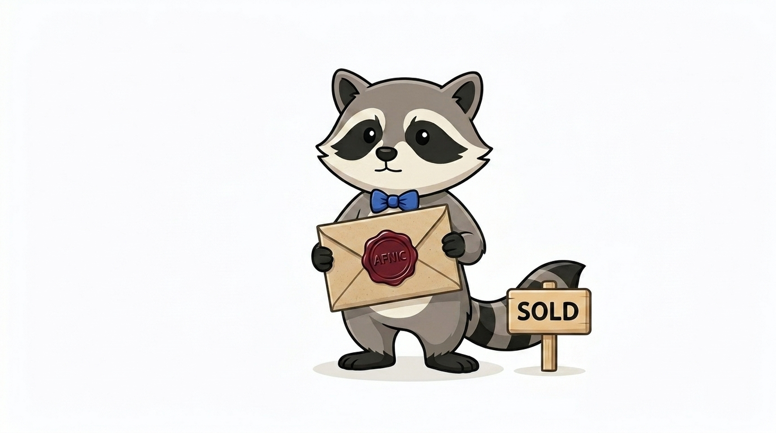 Milo, Maskottchen von Milodomain.com, hält einen Umschlag mit einem AFNIC-Wachssiegel neben einem SOLD-Schild, illustriert den Rückkauf von Domainnamen.