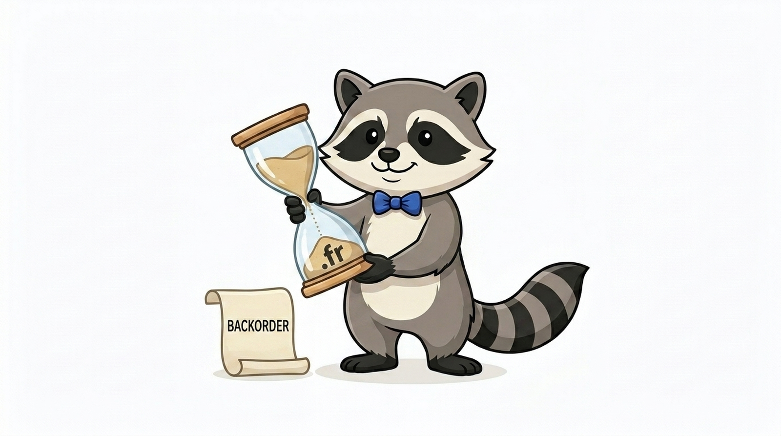 Milo, mascotte di Milodomain.com, tiene una clessidra il cui sabbia inferiore forma un punto .fr, accanto a una pergamena BACKORDER, illustra il meccanismo del backorder.