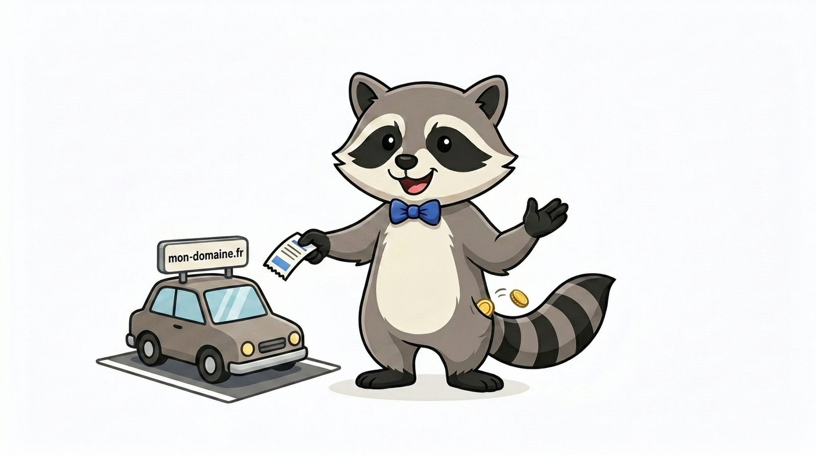 Milo, Maskottchen von Milodomain.com, parkt ein Auto vor einer leeren Webseite mit dem Hinweis 'zu verkaufen'.