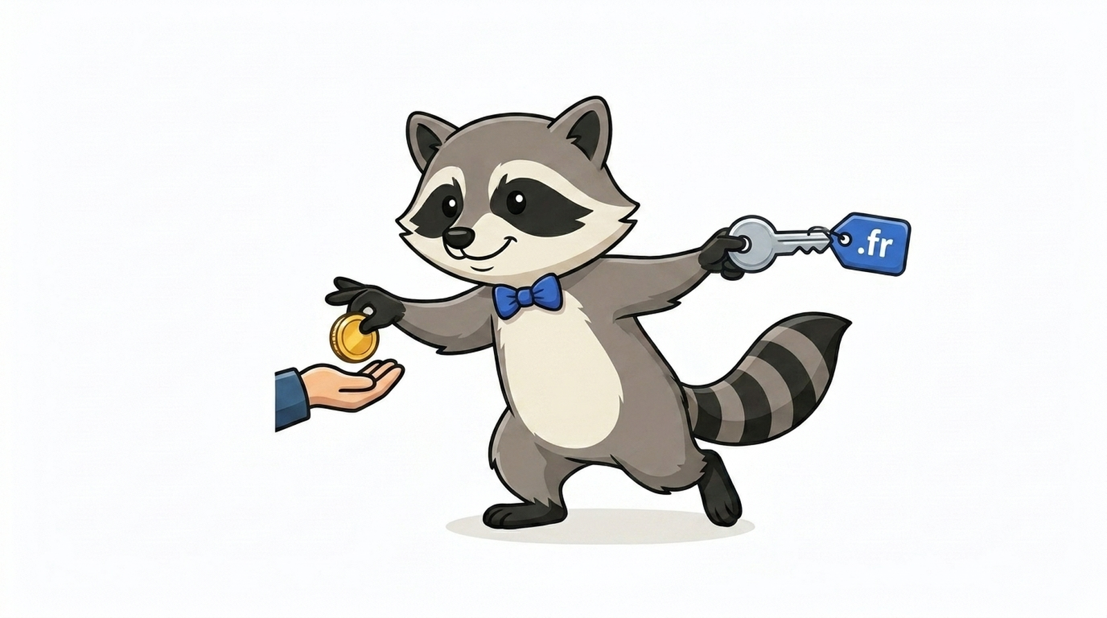 Milo, Maskottchen von Milodomain.com, hebt eine Trophäe, die einen soeben zurückgekauften abgelaufenen .fr-Domainnamen darstellt.