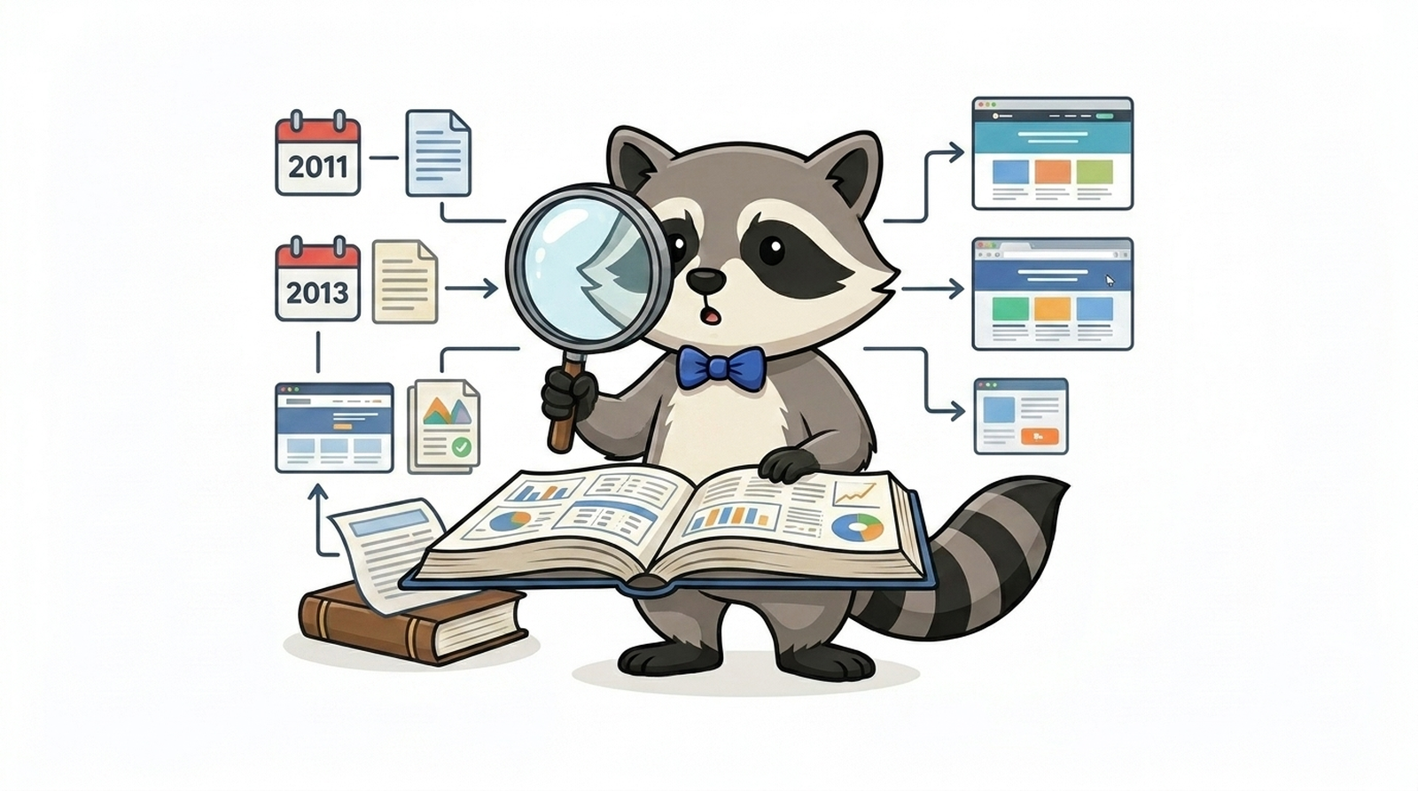 Milo, Maskottchen von Milodomain.com, blättert durch die Whois-Archive einer Domain über mehrere Jahre.